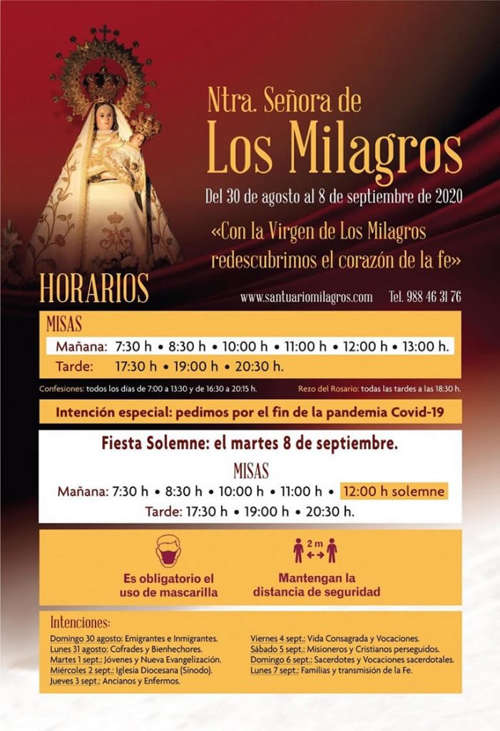 Horarios de misas durante la Novena de Los Milagros del 2020 2 Horarios de Os Milagros