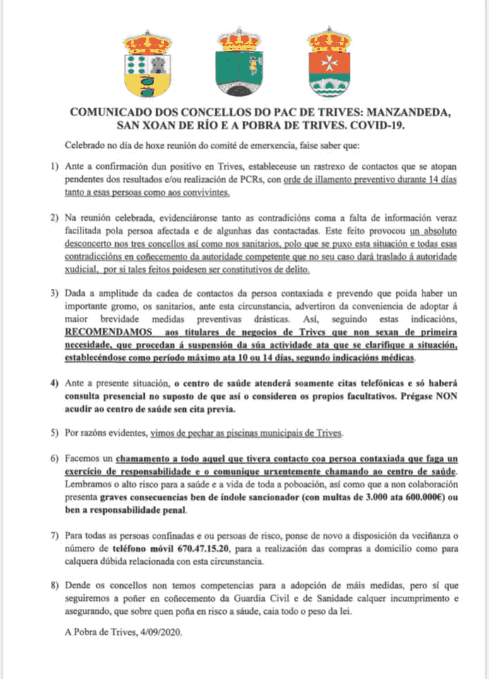 Tras dar positivo por Covid en el PAC de Trives, ofrece información errónea sobre sus contactos 2 Comunicado concello de Trives por covid