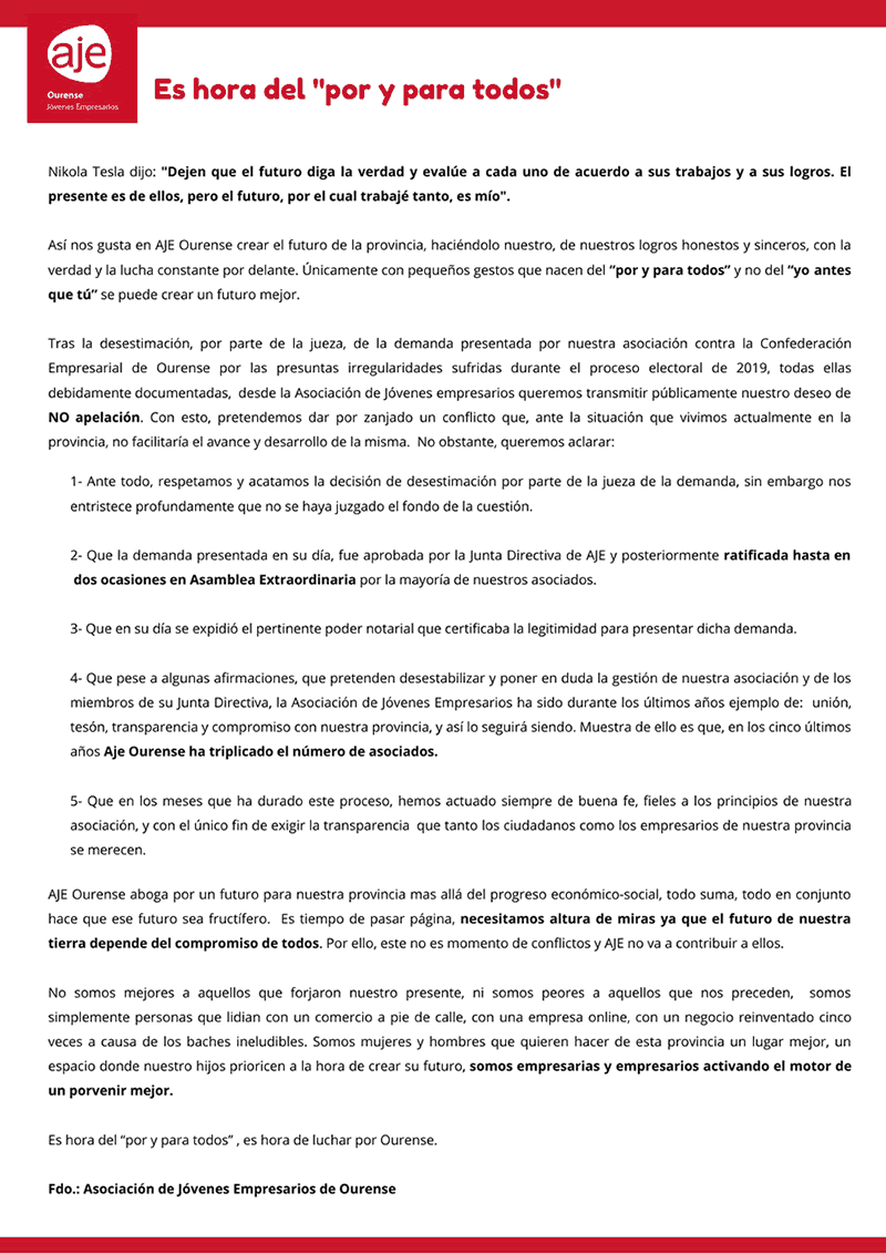 Es hora del "por y para todos": comunicado de la AJE tras desestimarse su demanda contra la CEO 2 Comunicado de Aje