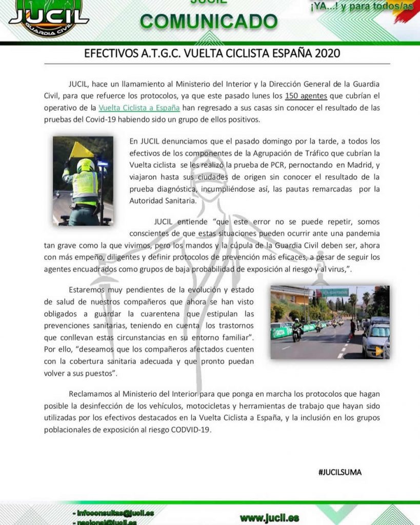 45 Guardias civiles que acompañaban la Vuelta ciclista a España, dan positivo por coronavirus 2 Comunicado Jucil