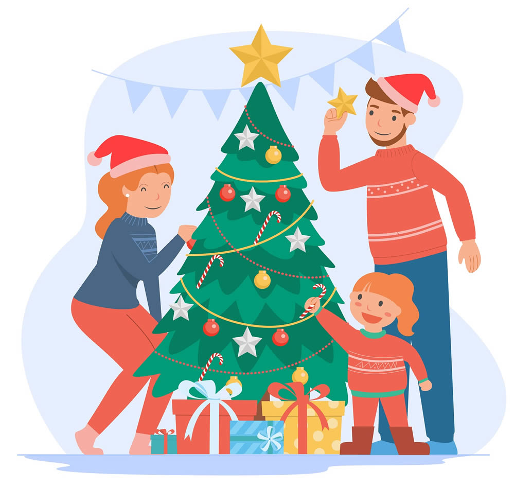 Familia con árbol de Navidad
