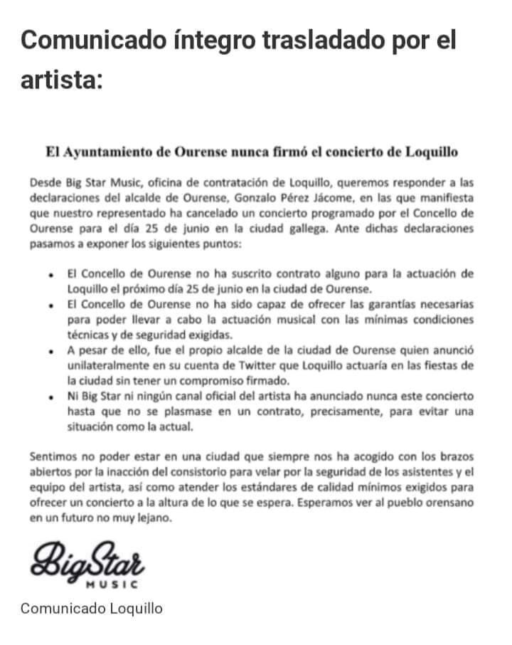 Comunicado oficial de la agencia de Loquillo que contradice totalmente a Jácome 2 Texto Loquillo Big Star