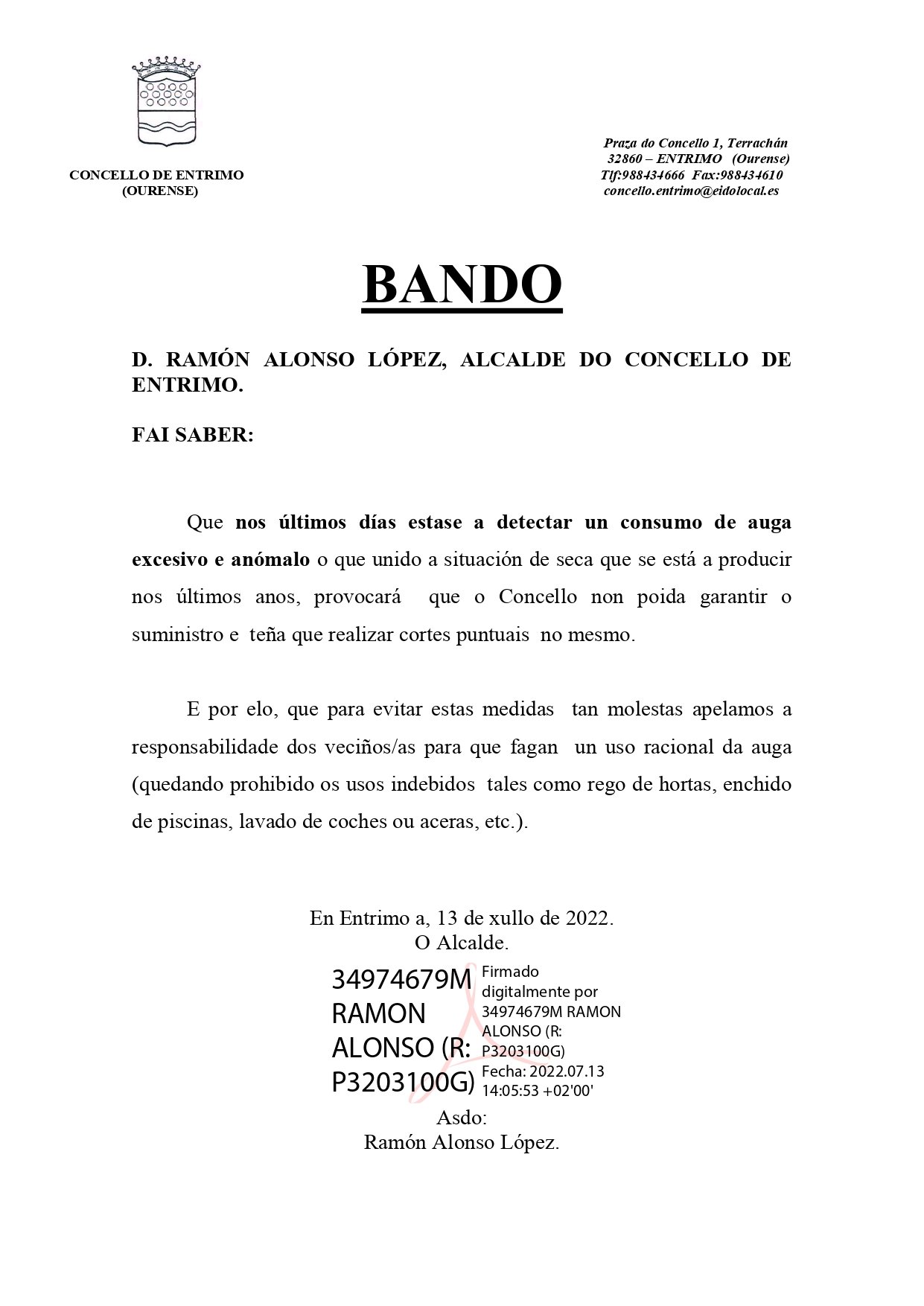 Los Concellos ourensanos apelan al uso responsable del agua por parte de sus vecinos 3 Bando alcalde de Entrimo
